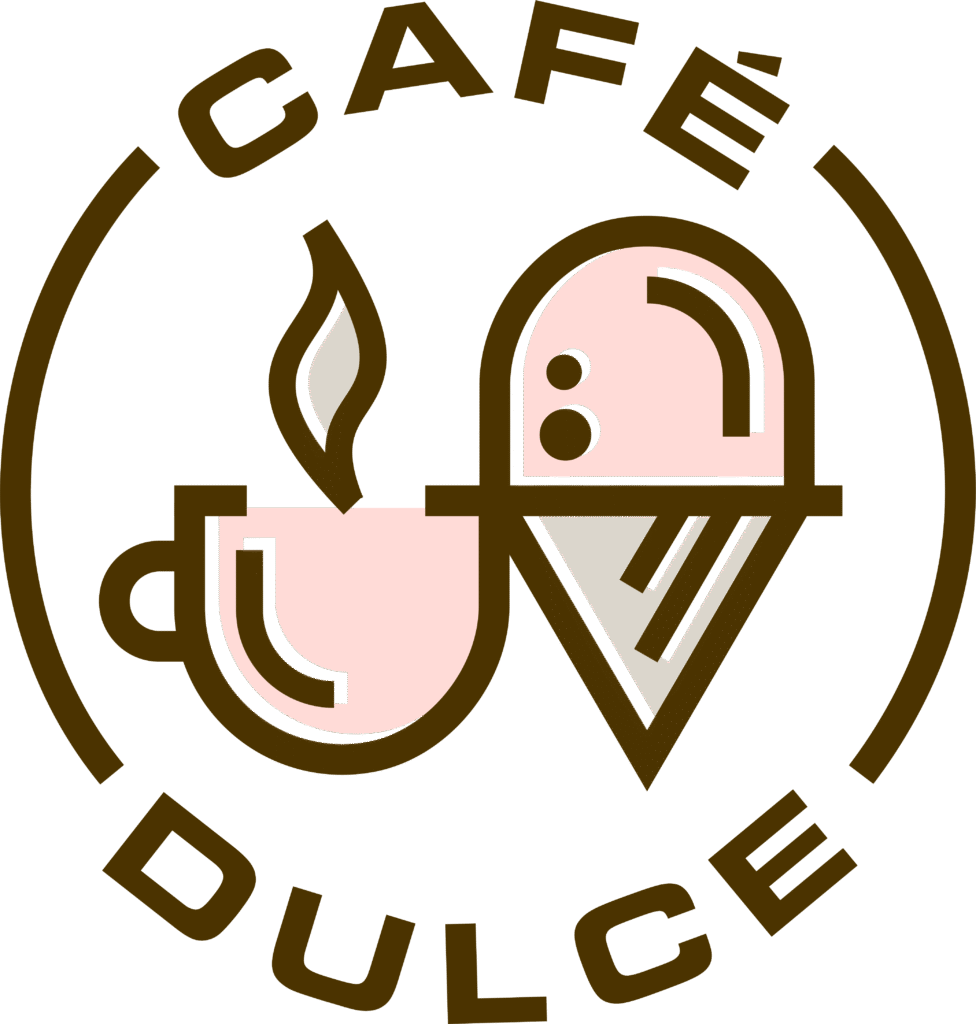 Logo for Café Dulce featuring a coffee cup, ice cream cone, and stylized text, emphasizing a sweet café experience.