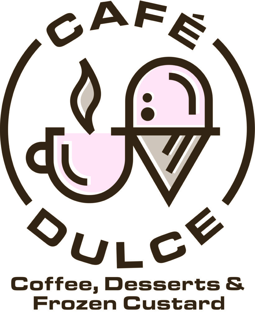 Logo for Café Dulce featuring a coffee cup, ice cream cone, and stylized text, emphasizing a sweet café experience.