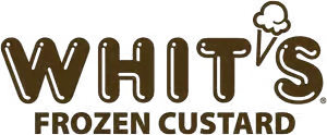 Logo for Whit's Frozen Custard, featuring the name in bold, playful letters with an ice cream cone icon.